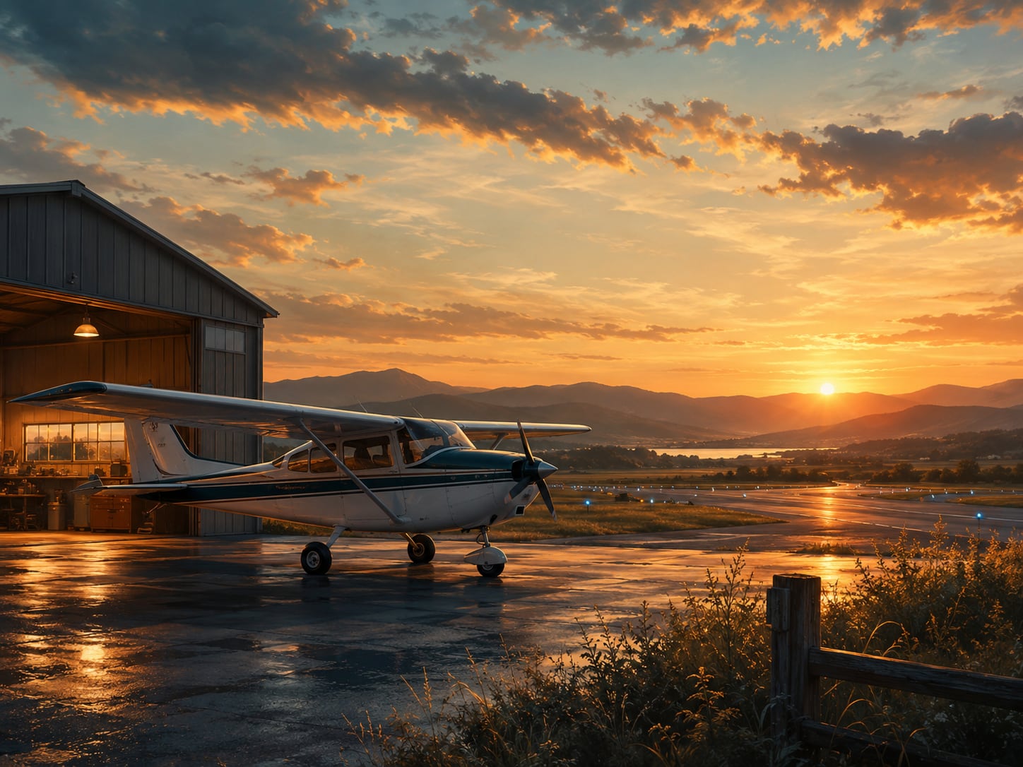 A small general aviation airplane outside a hangar at sunset